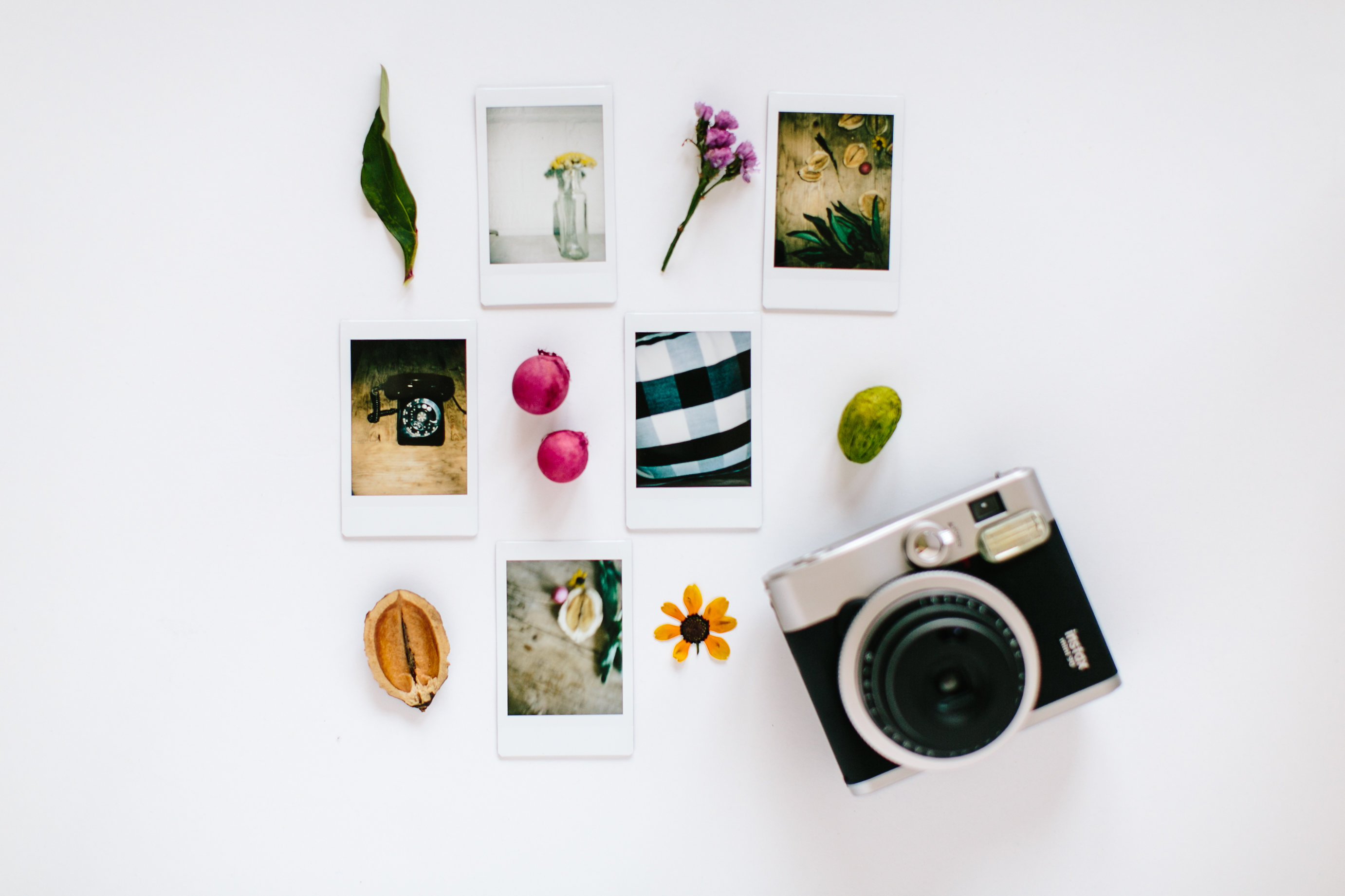 flat lay of camera and polaroids