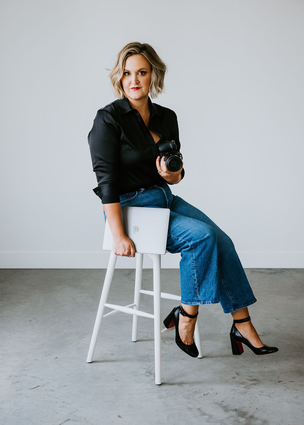 Brand photography sitting in white stool